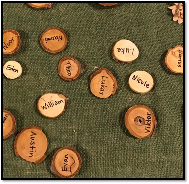 Wooden Chips with Children's Names Provide Meaningful Literacy Experience when children sign-in each day